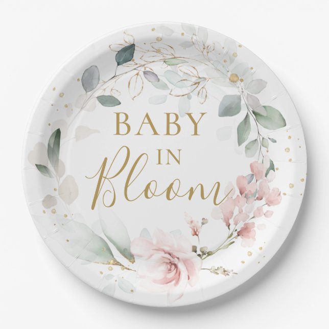 Pink Rose Foliage Baby Shower Paper Plate (Front)