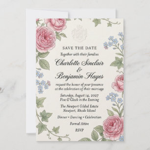 Pink Rose, Forget-Me-Not, Ivy, and Crest Watercolo Invitation
