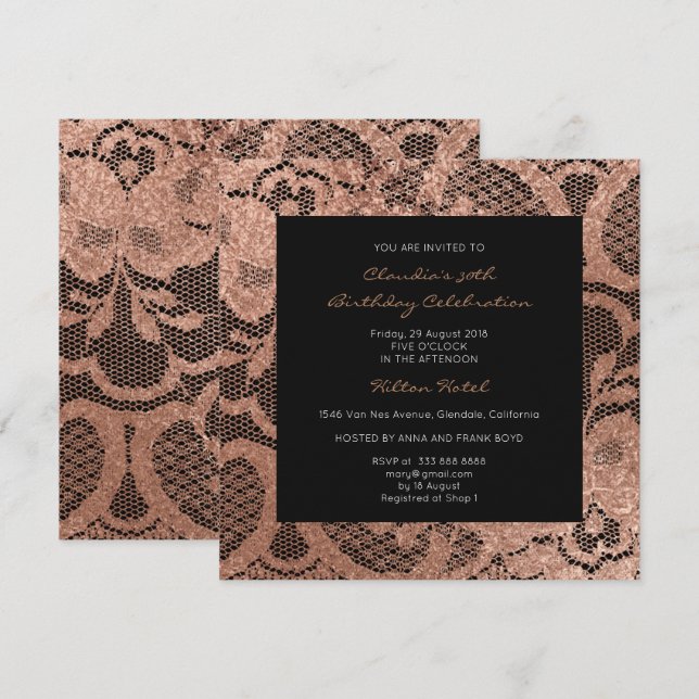 Pink Rose Foxier Blush Golden Lace Black Event VIP Invitation (Front/Back)