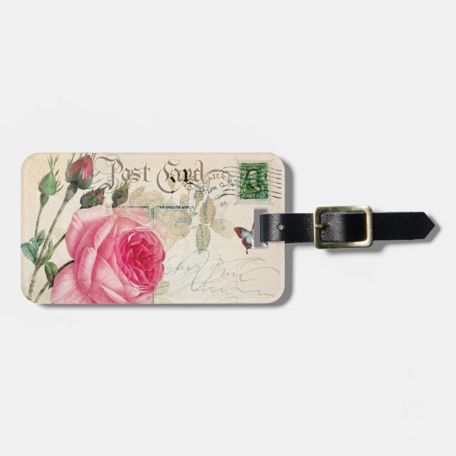Pink Rose French Accent Luggage Tag (Front Horizontal)