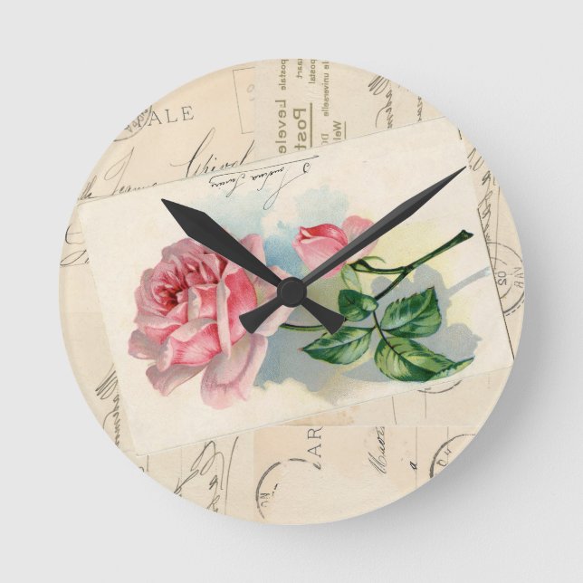 Pink Rose French Postcard Wall Clock (Front)