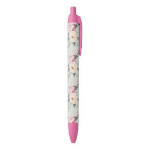 Pink Rose Garden Flower Pattern Black Ink Pen