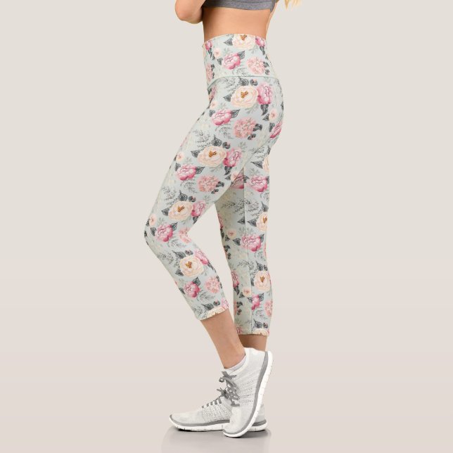 Pink Rose Garden Flower Pattern Capri Leggings (Left)