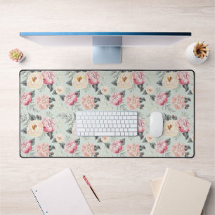 Pink Rose Garden Flower Pattern Desk Mat