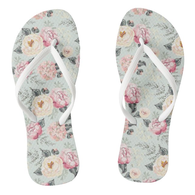Pink Rose Garden Flower Pattern Flip Flops (Footbed)