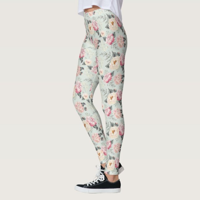 Pink Rose Garden Flower Pattern Leggings (Left)
