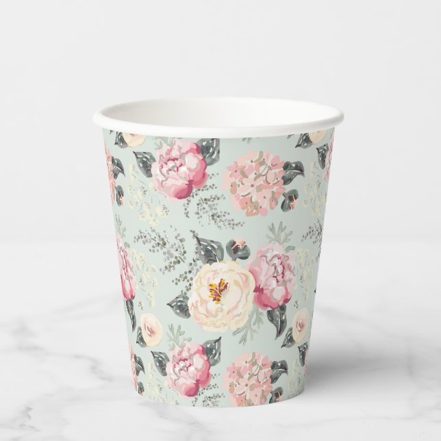 Pink Rose Garden Flower Pattern Paper Cups (Front)