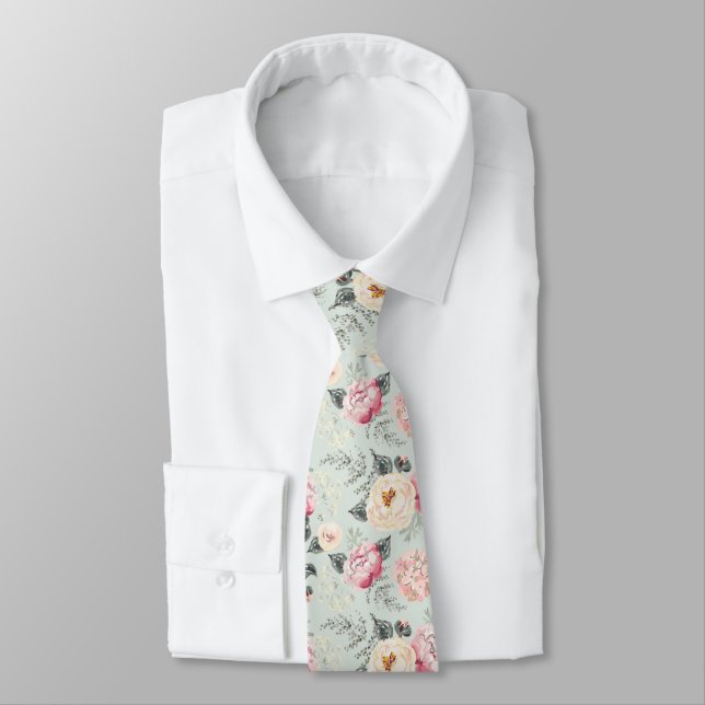Pink Rose Garden Flower Pattern Tie (Tied)