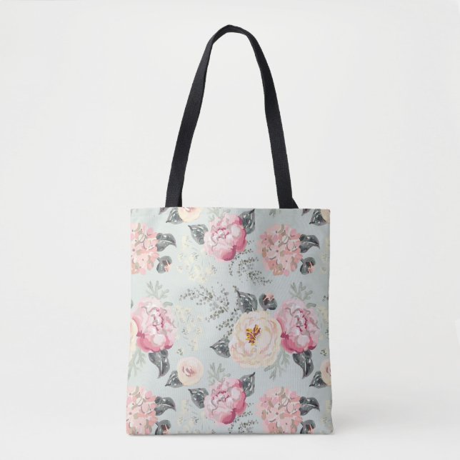 Pink Rose Garden Flower Pattern Tote Bag (Front)