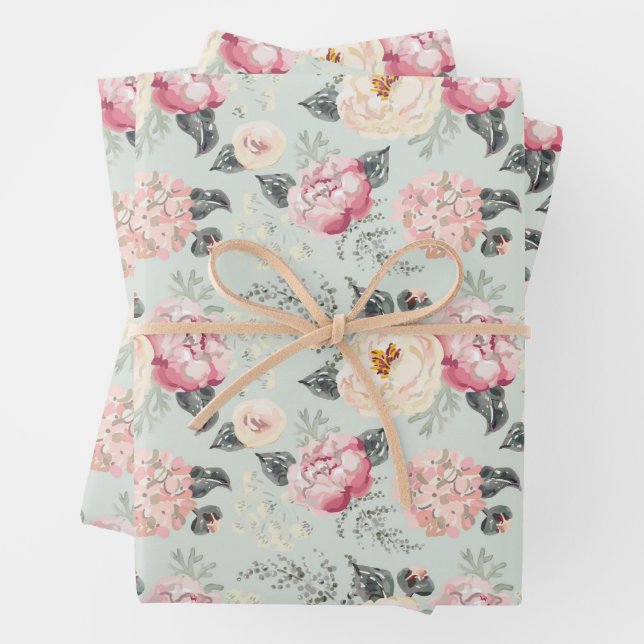 Pink Rose Garden Flower Pattern Wrapping Paper Sheet (In situ)