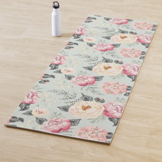 Pink Rose Garden Flower Pattern Yoga Mat (In Situ)