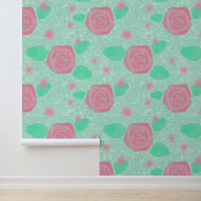 Pink Rose Garden Mint Green Texture Wallpaper (Application)