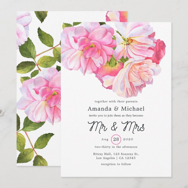 Pink Rose Garden Mr and Mrs Wedding Invitation (Front/Back)