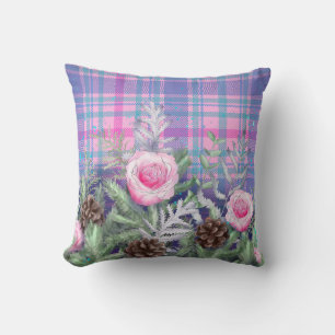 Pink Rose Garden Pine Cones Classic Plaid Pattern Cushion