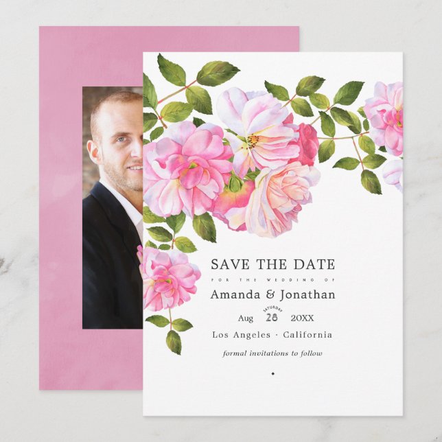 Pink Rose Garden Wedding Photo Save The Date (Front/Back)