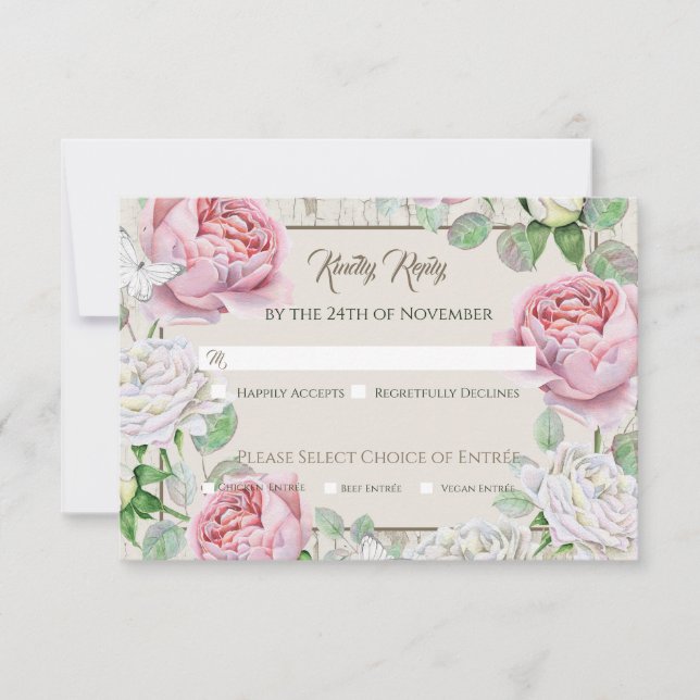 Pink Rose Garden Wedding RSVP Card (Front)