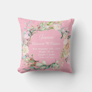 Pink Rose Garland Personalised Baby Birth Stats  Cushion