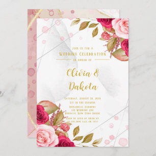 Pink Rose Geometric Alcohol Ink Elegant Wedding Invitation