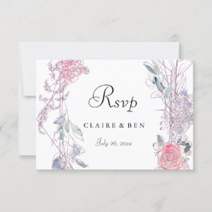 Pink Rose Geometric Floral Wreath Wedding RSVP Card
