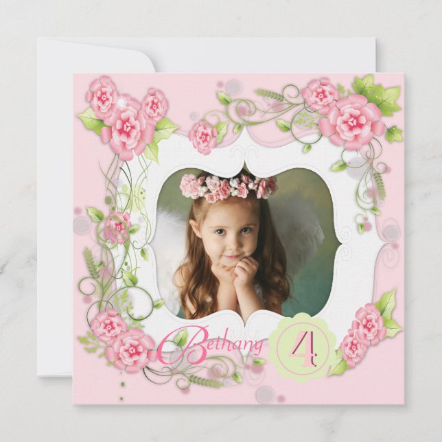 Pink Rose Girls Photo 4th Birthday Party Invitation (Front)