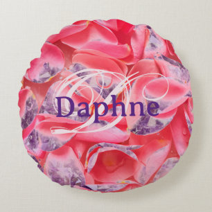 Pink Rose Girly Floral Modern Monogram Name  Round Cushion