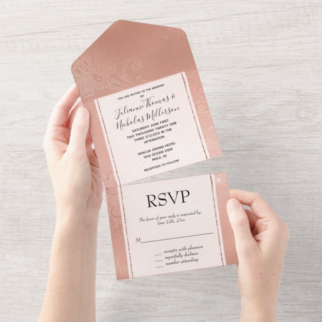 Pink Rose Glam Lace Wedding All In One Invitation (Tearaway)