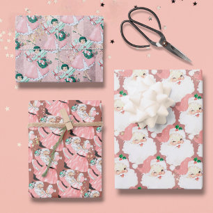 pink + rose gld vintage santa claus christmas gift wrapping paper sheet