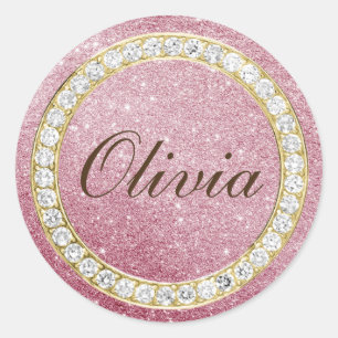 Pink Rose Glitter & Diamonds Small Round Stickers