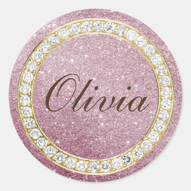 Pink Rose Glitter & Diamonds Small Round Stickers (Front)