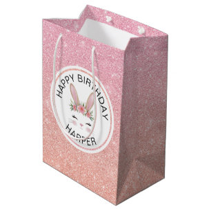 Pink Rose Glitter Happy Birthday Bunny Girl Party  Medium Gift Bag