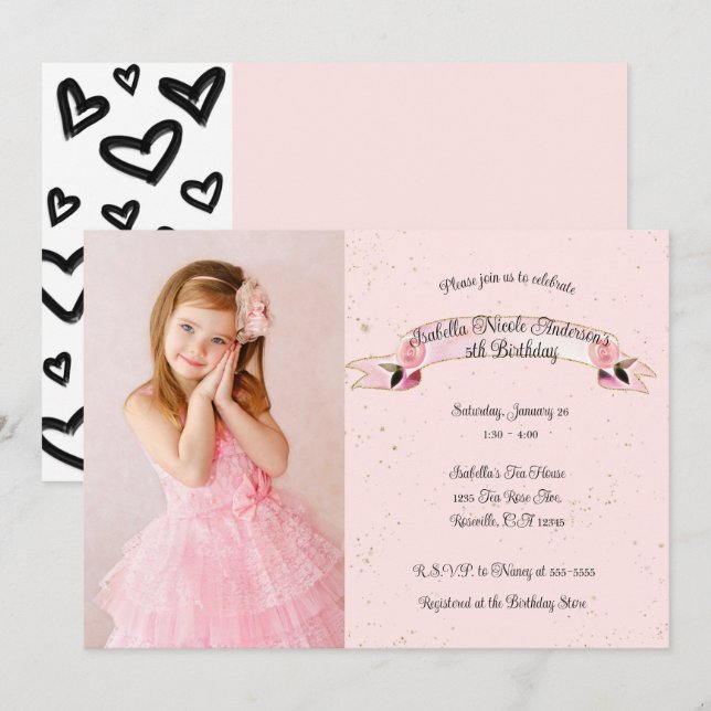 Pink Rose Glitter & Hearts Birthday Party Photo Invitation (Front/Back)