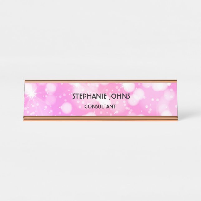 Pink Rose Glitter Monogram Name Modern Rose Gold Desk Name Plate (Front)