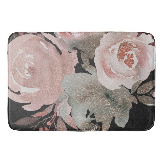 Pink Rose Glitter Roses Dark Floral Glam Elegant Bath Mat (Front)