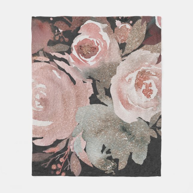 Pink Rose Glitter Roses Dark Floral Glam Elegant Fleece Blanket (Front)