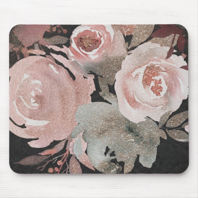 Pink Rose Glitter Roses Dark Floral Glam Elegant Mouse Mat (Front)