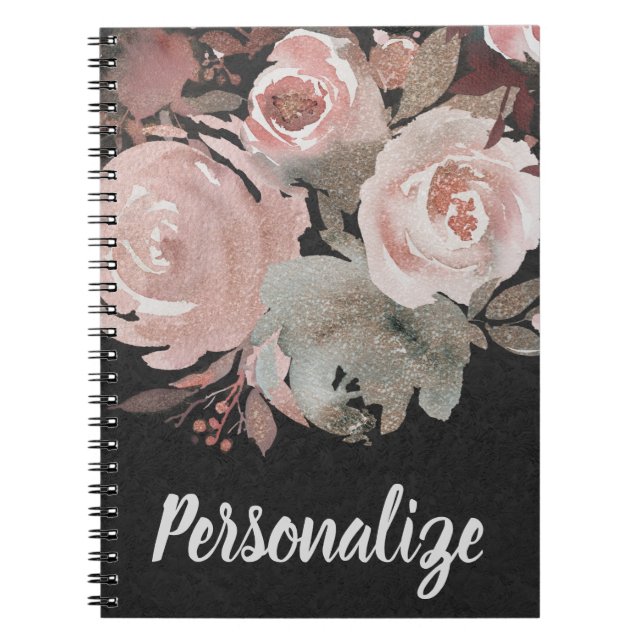 Pink Rose Glitter Roses Dark Floral Glam Elegant Notebook (Front)
