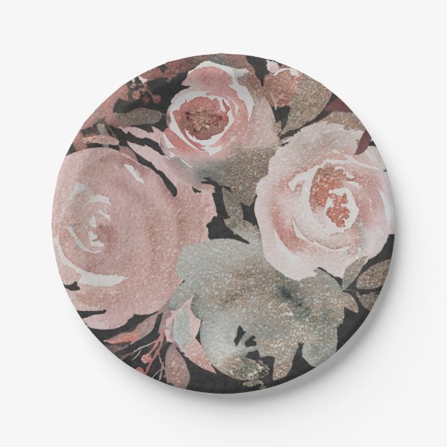 Pink Rose Glitter Roses Dark Floral Glam Elegant Paper Plate (Front)
