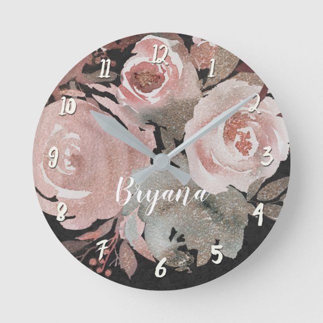 Pink Rose Glitter Roses Dark Floral Glam Elegant Round Clock (Front)