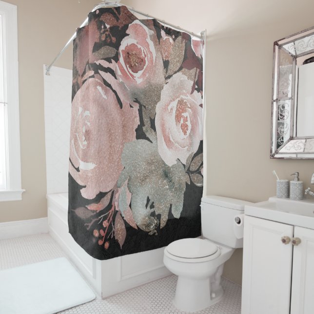 Pink Rose Glitter Roses Dark Floral Glam Elegant Shower Curtain (In Situ)