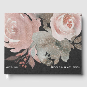 Pink Rose Glitter Roses Dark Floral Glam Wedding Guest Book