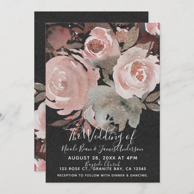 Pink Rose Glitter Roses Dark Floral Glam Wedding Invitation (Front/Back)
