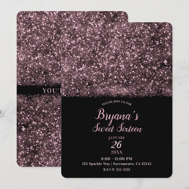 Pink Rose Glitter Sparkling Lights Sweet 16 Party Invitation (Front/Back)