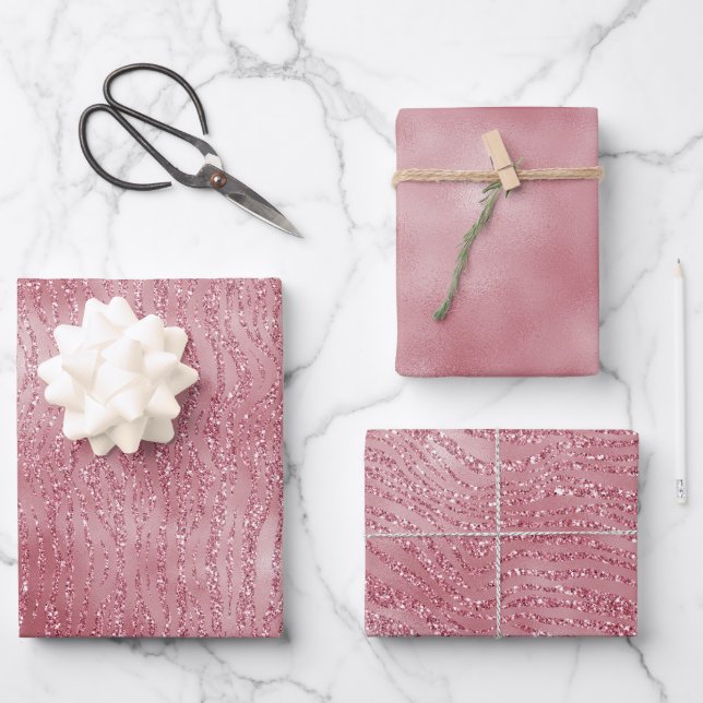 Pink Rose Glitter Zebra Animal     Wrapping Paper Sheet (Front)