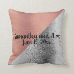 Pink Rose Gold and Silver Metallic Wedding Date Cushion<br><div class="desc">Personalised pink / rose gold and silver names and wedding date decorator pillow</div>