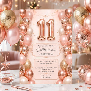 Pink Rose Gold Balloons 11 Year Birthday Party  Invitation