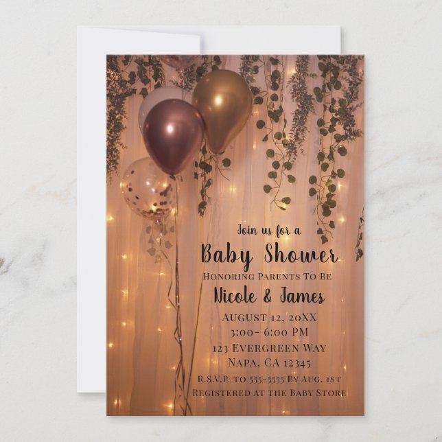 Pink Rose Gold Balloons Lights Ivy Baby Shower Invitation (Front)