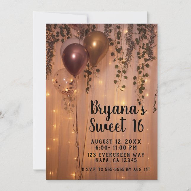 Pink Rose Gold Balloons Lights Rustic Ivy Sweet 16 Invitation (Front)