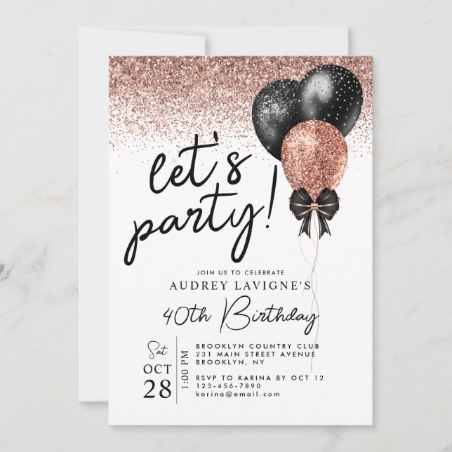Pink Rose Gold Black Glitter Balloon Birthday Invitation (Front)