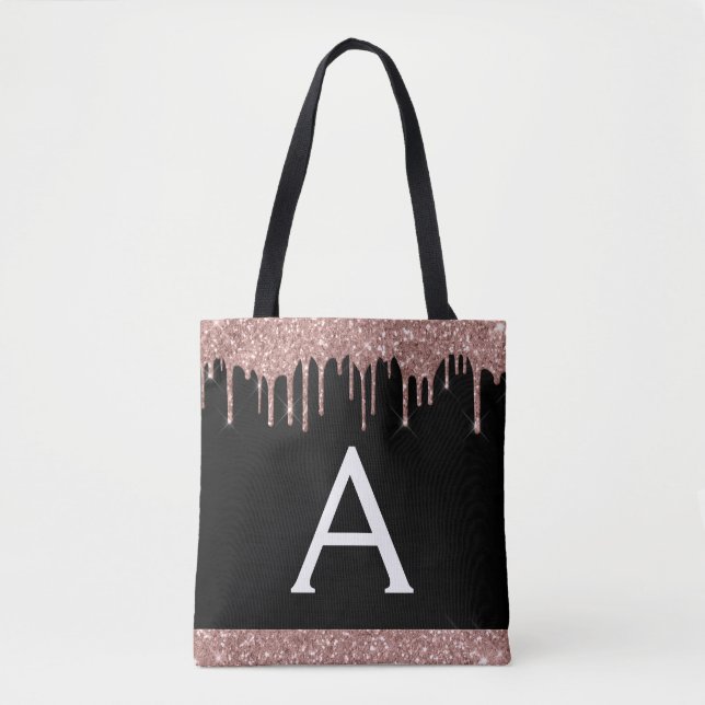 Pink Rose Gold Black Glitter Elegant Monogram Tote Bag (Front)