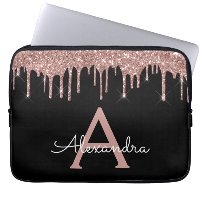 Pink Rose Gold Black Glitter Sparkle Monogram Laptop Sleeve (Front)
